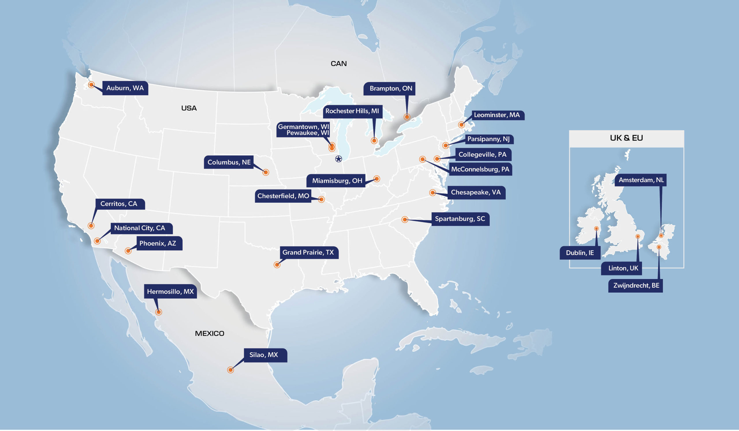 Map of facilities in the US and Europe